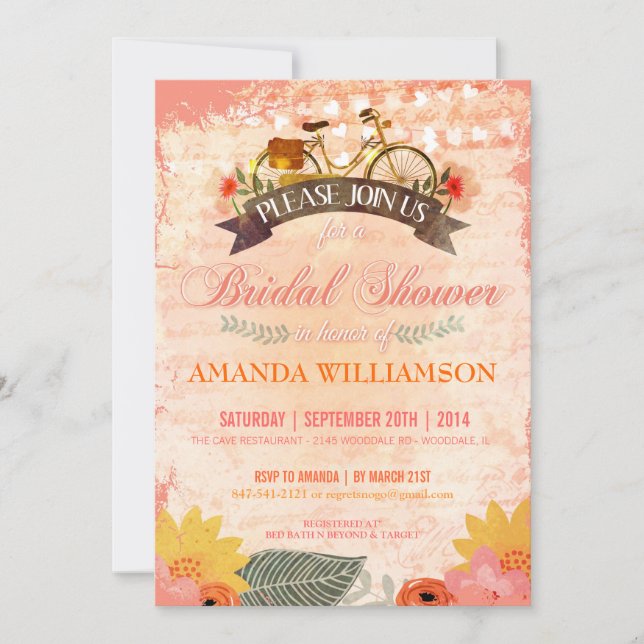Whimsical Hipster Bicycle Bridal Shower Invitation (Front)