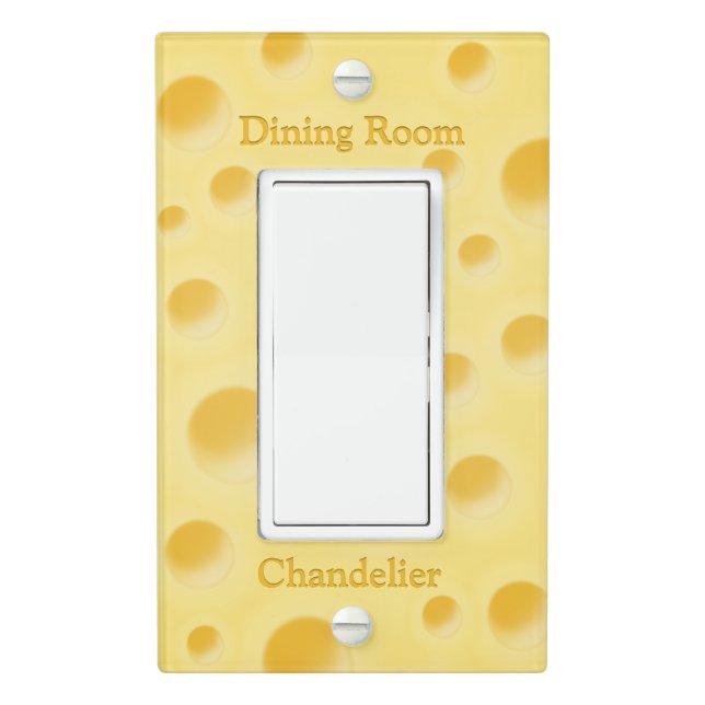 Whimsical Holey Cheese Custom Label Yellow Light Switch Cover (In Situ)