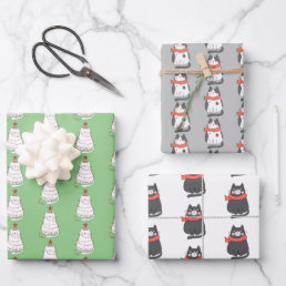Whimsical Holiday Cat Trio Wrapping Paper Sheets