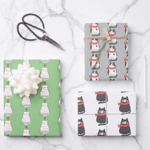 Whimsical Holiday Cat Trio Wrapping Paper Sheets