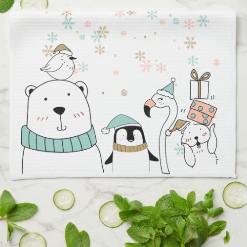 Whimsical Holiday Doodle Winter Animals Kitchen Towel