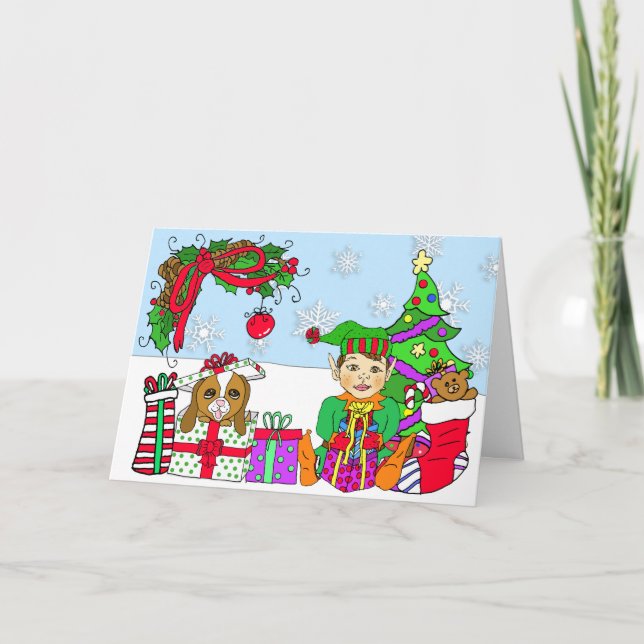 Whimsical  Holiday Elf and Festive Gifts Custom Card (Front)