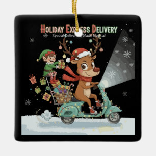 Whimsical Holiday Express Delivery Cute Reindeer Ceramic Ornament