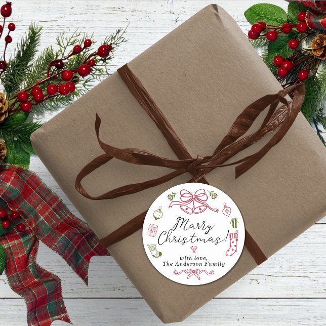 Whimsical Holiday Icons with Red Green Design  Classic Round Sticker (Merry Christmas Red and Green Doodles Classic Round Sticker)