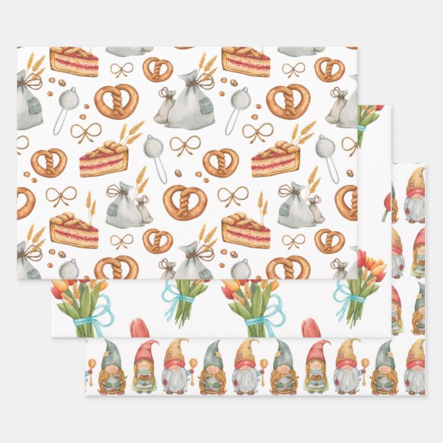 Whimsical Holiday Jolly Christmas Baking Gnomes Wrapping Paper Sheets (Set)