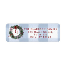 Whimsical Holiday Wreath Blue Gingham Return