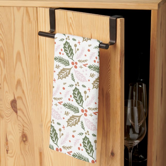 Whimsical Holly Berry Colorful Christmas Holiday Kitchen Towel (Thirds Fold)