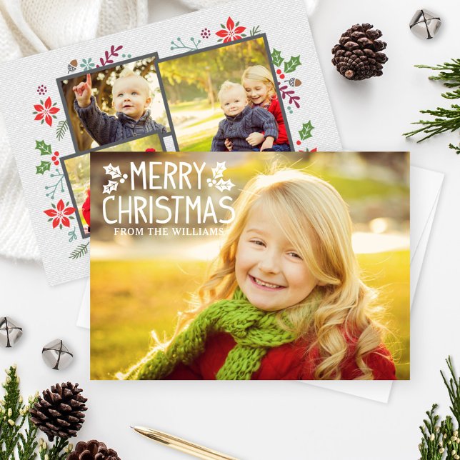 Whimsical Holly Merry Christmas Photo Holiday Card (Creator Uploaded)