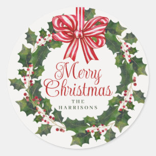 Whimsical Holly Wreath Christmas Classic Round Sticker