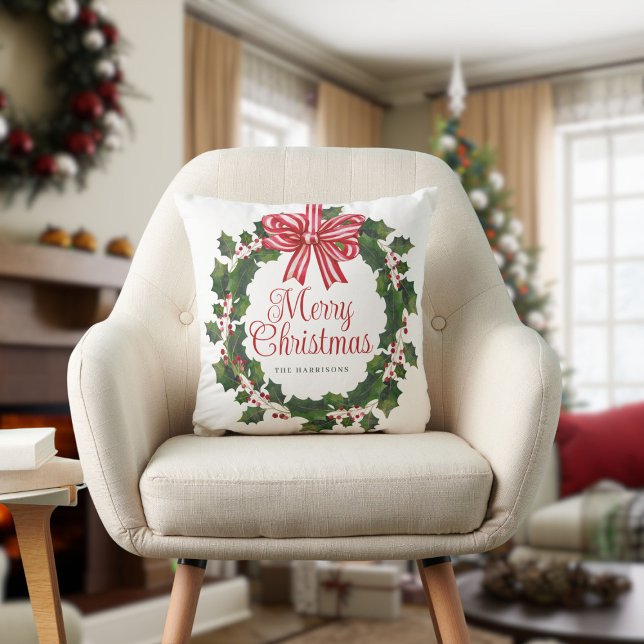 Whimsical Holly Wreath Christmas Throw Pillow (Creator Uploaded)