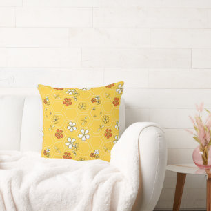 Whimsical Honey Bee and Yellow Honeycomb Throw Pillow