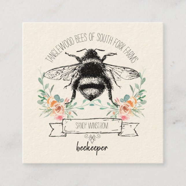 Whimsical Honey Bee Apiary Beekeeper Square Business Card (Front)