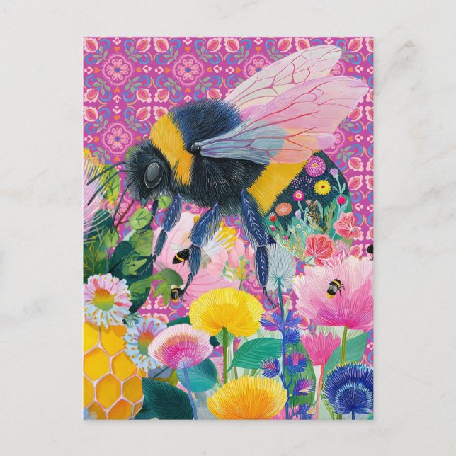 Whimsical Honey Bee Garden Wildflower Postcard (Front)