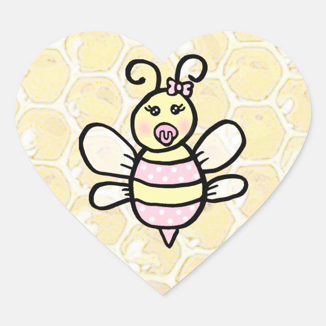 Whimsical Honey Bee Girl's Baby Shower Heart Sticker (Front)