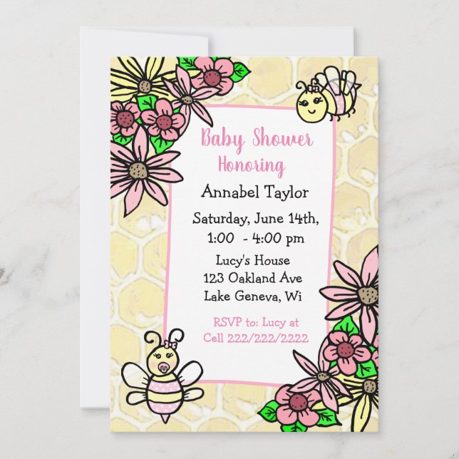 Whimsical Honey Bee Girl's Baby Shower Invitation (Front)