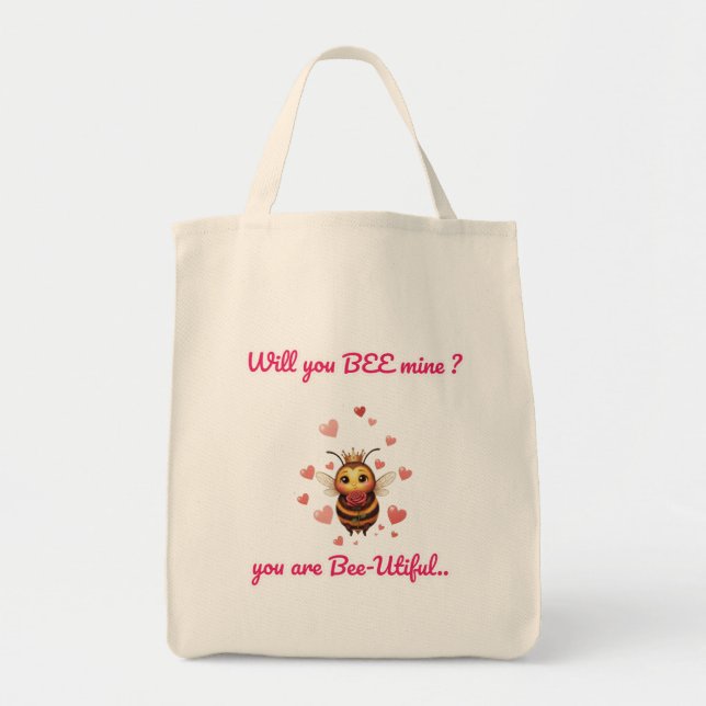 Whimsical honey bee valentine's tote bag (Front)