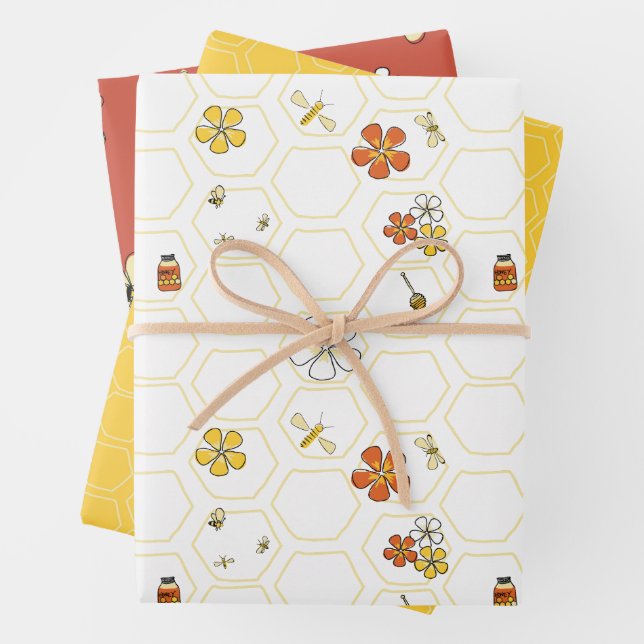 Whimsical Honeycomb and Bumblebee collection Wrapping Paper Sheets (In situ)