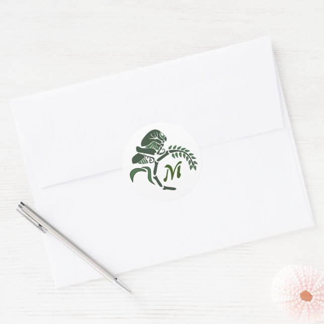 Whimsical Hooded Grasshopper Monogram Classic Round Sticker (Envelope)