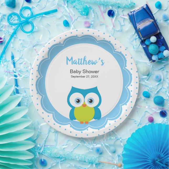 Whimsical Hoot Owl Woodland Animal Baby Boy Shower Paper Plates (Party)