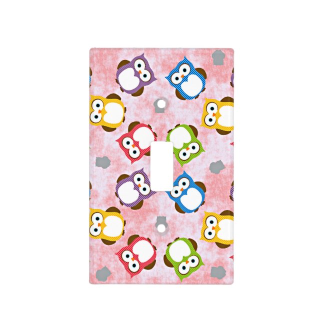 Whimsical hoot owls in pastel checks light switch cover (Front)