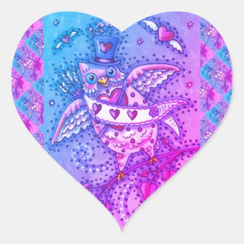 WHIMSICAL HOOTS N HEARTS CUPID OWL VALENTINE HEART STICKER