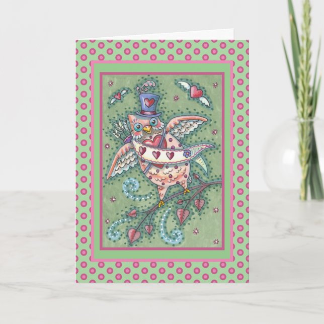 WHIMSICAL HOOTS N' HEARTS CUPID OWL VALENTINE HOLIDAY CARD (Front)
