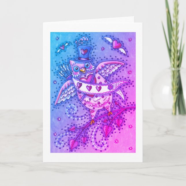 WHIMSICAL HOOTS N' HEARTS CUPID OWL VALENTINE HOLIDAY CARD (Front)