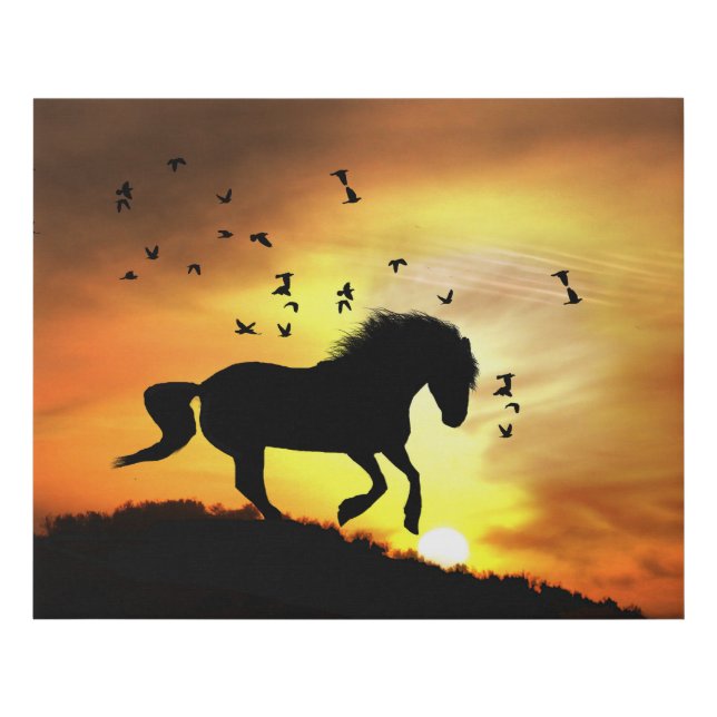 Whimsical Horse and Birds in Southwestern Sunset Faux Canvas Print (Front)