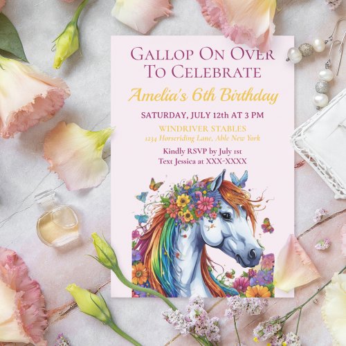 Whimsical Horse Floral Equestrian Birthday Invitation