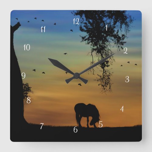 Whimsical Horse in Colorful Sunset with Birds Square Wall Clock