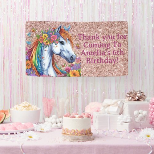 Whimsical Horse Rainbow Floral Equestrian Birthday Banner