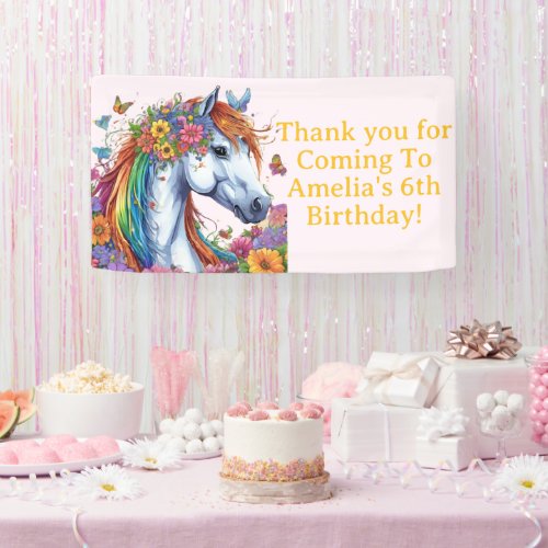 Whimsical Horse Rainbow Floral Equestrian Birthday Banner