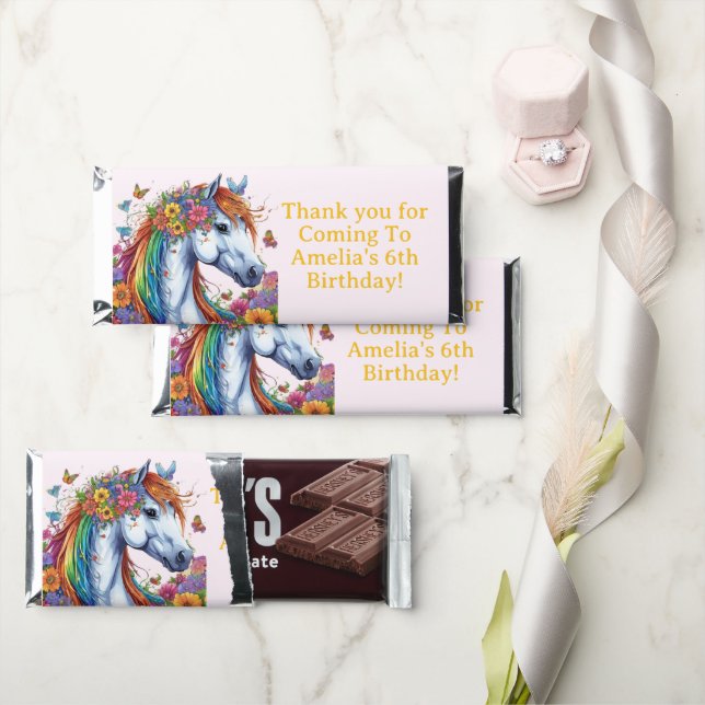 Whimsical Horse Rainbow Floral Equestrian Birthday Hershey Bar Favors (Front)