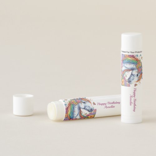 Whimsical Horse Rainbow Floral Equestrian Birthday Lip Balm