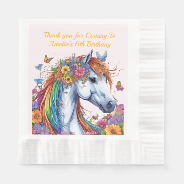 Whimsical Horse Rainbow Floral Equestrian Birthday Napkins (Front)