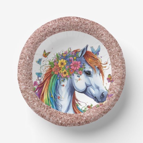 Whimsical Horse Rainbow Floral Equestrian Birthday Paper Bowls