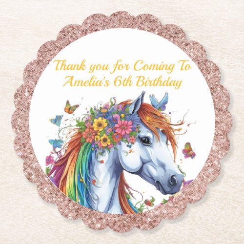 Whimsical Horse Rainbow Floral Equestrian Birthday Paper Coaster