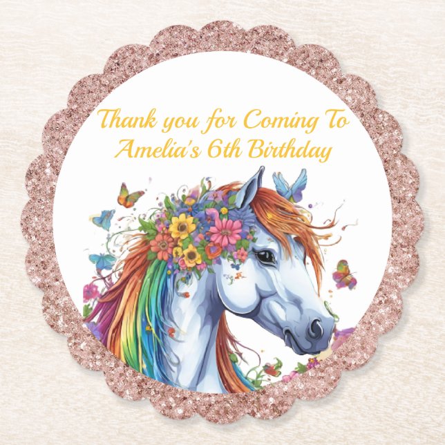 Whimsical Horse Rainbow Floral Equestrian Birthday Paper Coaster (Front)