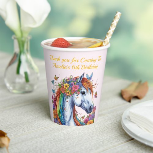 Whimsical Horse Rainbow Floral Equestrian Birthday Paper Cups