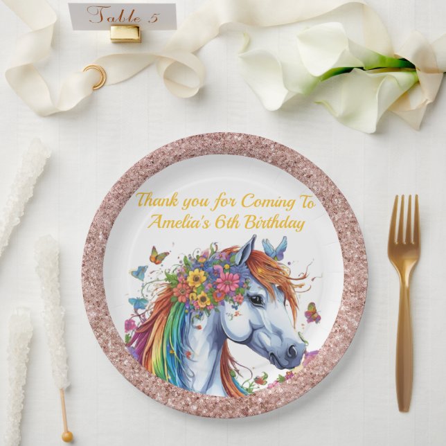 Whimsical Horse Rainbow Floral Equestrian Birthday Paper Plates (Wedding)