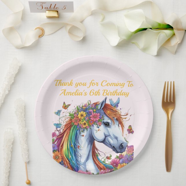Whimsical Horse Rainbow Floral Equestrian Birthday Paper Plates (Wedding)