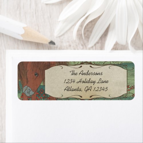 Whimsical Horse Red Flowers Return Address Label