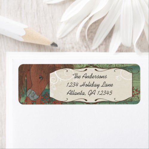 Whimsical Horse Red Flowers Return Address Label