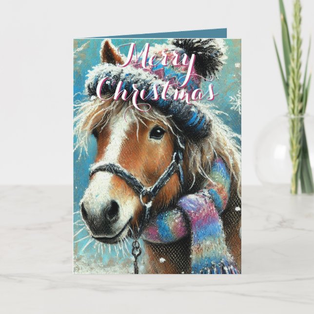 Whimsical Horse – Winter Scarf & Snowflakes Card (Front)
