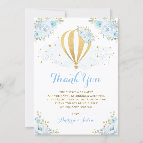 Whimsical Hot Air Balloon Blue Floral Baby Shower Thank You Card