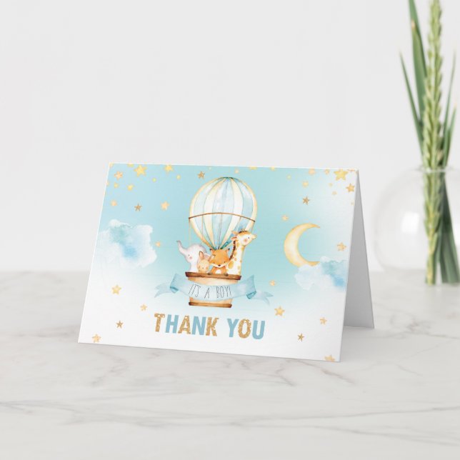 Whimsical Hot Air Balloon Cute Animals Baby Shower Thank You Card (Front)