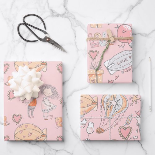 Whimsical hot air balloon cute couple birds pink wrapping paper sheets