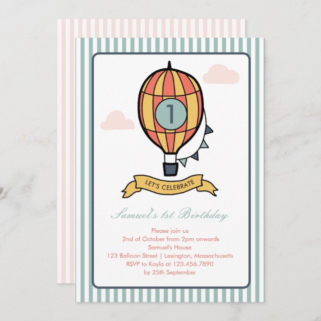 Whimsical Hot Air Balloon First Birthday Invite (Front/Back)
