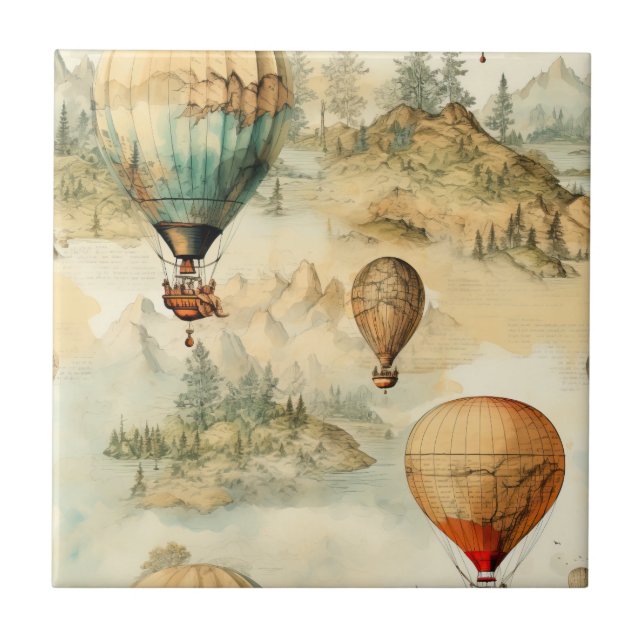 Whimsical Hot Air Balloon Mountain Map Ceramic Tile (Front)