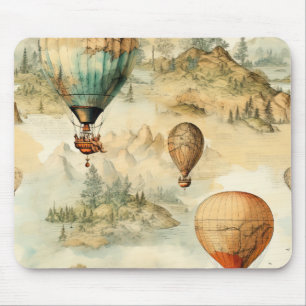 Whimsical Hot Air Balloon Mountain Map Mouse Pad